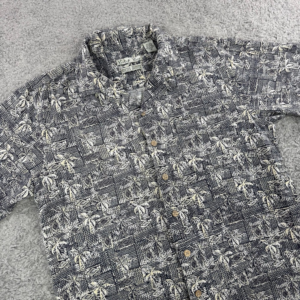 Vintage Batik Bay Abstract Palm Tree Button Up Camp Shirt Size Medium Rayon Silk
